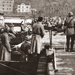 WORLD WAR I: BRIDGE, C1918. French engineers assembling a pontoon bridge over the