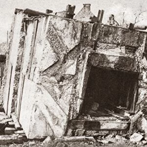 WORLD WAR I: BUNKER. German concrete bunker used by machine gunners, turned upside-down