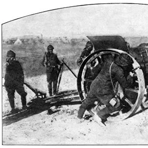 WORLD WAR I: CANNON, 1915. Turkish soldiers equipping a cannon with desert tires