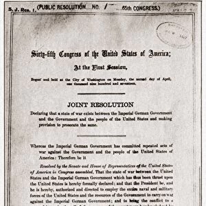 WORLD WAR I: DECLARATION. Joint resolution signed by both houses of Congress