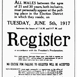 WORLD WAR I: DRAFT POSTER. American poster, 1917, calling on men to register for