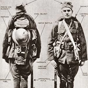 WORLD WAR I: EQUIPMENT. Front and back view of an American infantryman equipped