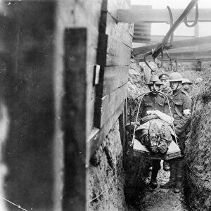 WORLD WAR I: FRANCE. An overhead trolley for bringing wounded through the trenches