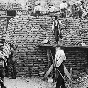 WORLD WAR I: FRENCH FORT. French troops building a winter shelter out of sandbags