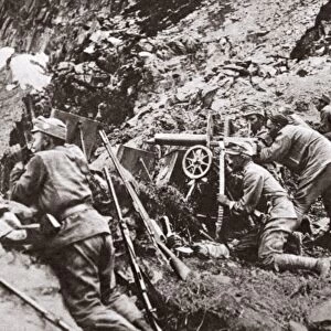 WORLD WAR I: ISONZO FRONT. Austrian machine gunners in action against an Italian
