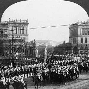 WORLD WAR I: PARADE. Parade of mounted guards marching to the Parade Ground in Berlin