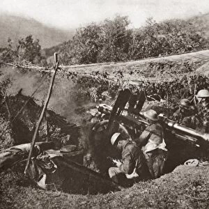 WORLD WAR I: SERBIA. British guns in action on the Lake Dorian front in Serbia
