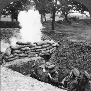 WORLD WAR I: TRENCH, c1916. British troops in a trench under fire during World War I