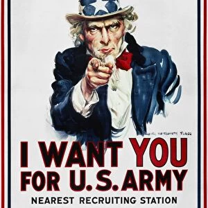 WORLD WAR I: UNCLE SAM. James Montgomery Flaggs famous I Want You U. S. Army recruiting poster of 1916, used again in every subsequent American war