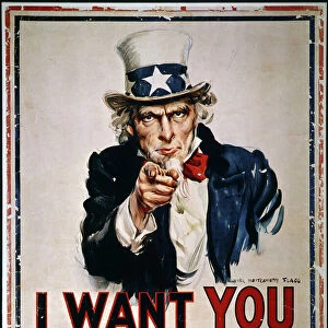 WORLD WAR I: UNCLE SAM. James Montgomery Flaggs famous I Want You U. S. Army recruiting poster of 1918, used again in every subsequent American war