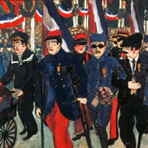 WORLD WAR I: VETERANS. Wounded French World War I veterans in a Bastille Day parade, 14 July 1919. Gouache by Jean Galtier-Boissiere