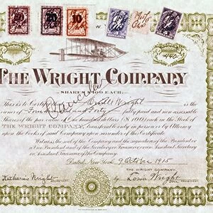 WRIGHT BROTHERS, 1915. Stock certificate, 1915, for a $100 share in the Wright Company, built on their 1906 patent for a flying machine