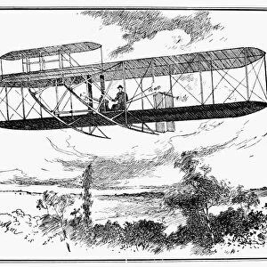 A Wright Brothers biplane in flight. Pen-and-ink drawing by an unknown artist, c1907
