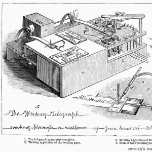 The writing telegraph invented in England by E. A. Cowper. Line engraving, English, 1879