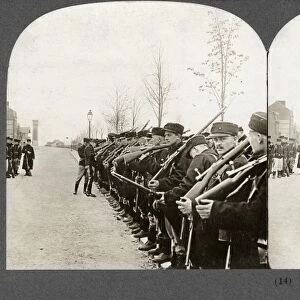 WWI: BELGIAN ARMY. With the Belgian army at the front - inspecting of rifles. Stereograph