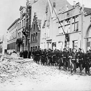 WWI: BELGIAN ARMY, c1914. Belgian troops in Dendermonde, Belgium. Photograph, c1914