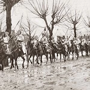 WWI: GERMANS IN RUSSIA. Squadron of German Hussars riding through the slush