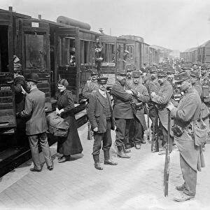 WWI: SOLDIERS, 1914. French soldiers at a train station in Dunkerque, France. Photograph