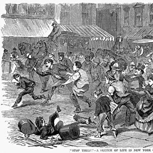 YOUNG THIEF, 1868. A New York City crowd giving chase to a young thief. Wood engraving, American, 1868