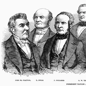 ZACHARY TAYLOR (1784-1850). Twelfth President of the United States. President Taylor and his cabinet. Left to right: John M. Clayton, Thomas Ewing, Jacob Collamer, George W. Crawford, Zachary Taylor, William B. Preston, William M. Meredith, and Reverdy Johnson. Wood engraving, English, 1850, after a daguerreotype by Mathew Brady