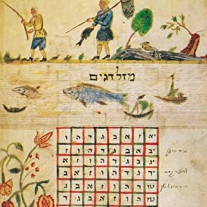 ZODIAC: PISCES, 1716. Drawing from a Hebrew book about the Jewish calendar, Sefer Evronot, Halberstadt, Germany, 1716