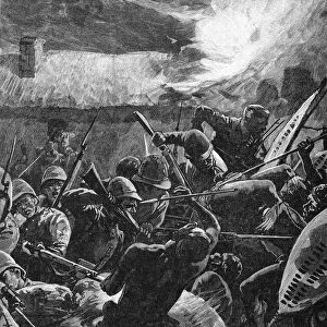 ZULU WAR, 1879. The defense of Rorkes Drift, South Africa, by British soldiers during the Zulu War. Line engraving, 1879