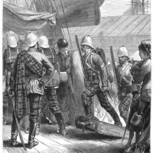 ZULU WAR: SOLDIERS, 1879. Embarkation of the 91st Highlanders at Southampton, England, bound for South Africa to fight in the Zulu War. Line engraving, 1879