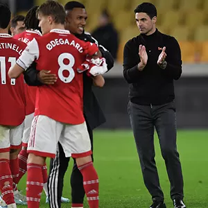 Mikel Arteta Celebrates with Arsenal Fans after Wolverhampton Wanderers Win