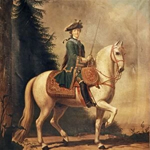 An 1875 copy of a painting of catherine the great on horseback by v, eriksen, 1762