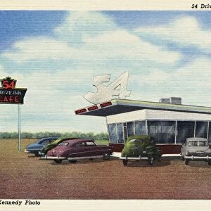The 54 Drive-In Cafe. ca. 1951, Liberal, Kansas, USA, 54 Drive-Inn Cafja, Liberal, Kansas. Kennedy Photo. Specializing in Steaks, Chicken and Malts, the 54 Drive-Inn cafja in Liberal, Kansas, is one of the outstanding dining spots on U. S. Highway 54. MR. & MRS. GEORGE NELSON, Owners