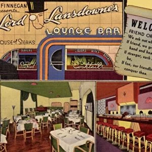 Advertisement for Lord Lansdownes Lounge Bar. ca. 1942, Springfield, Ohio, USA, Cheerio Just stopped in at Lord Lansdownes House of Good Food and Cocktail Lounge, had a delicious Dinner-Wish you were here to enjoy his Lordships Hospitality. 108 NO. MAIN ST. -DAYTON, OHIO also 24 SO. FOUNTAIN AVE. -SPRINGFIELD, OHIO. PAT FINNEGAN PROP. KINDLY FILL IN THE NAME AND ADDRESS OF A FRIEND WHO WOULD ENJOY HEARING FROM YOUjaWE WILL PAY POSTAGE AND MAIL IT FOR YOU