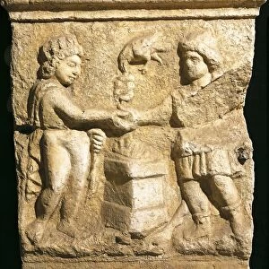Altar dedicated to Emperor Gallienus health depicting pact between Sun and Mithra. Roman civilization
