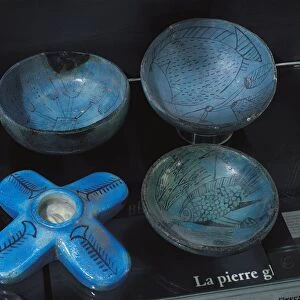 Ancient Egyptian faience bowls and lamp base, New Kingdom