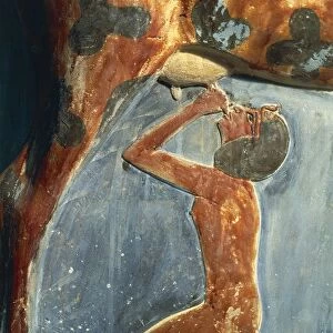 Detail of ancient Egyptian wall painting depicting cow goddess Hathor suckling child king Amenhotep II, from Deir el Bahari, Egypt, New Kingdom, XVIII Dynasty