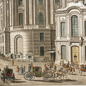 Austria, Vienna, Coaches by the Burgtheater, color engraving, detail
