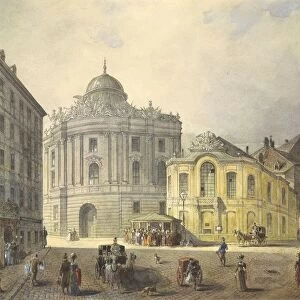 Austria, Vienna, old Burgtheater (Imperial Court Theatre) or National Hoftheater (court theatre) in Michaelerplatz, On right Winterreitschule (riding school) or KK Reitschule, by Tranquillo Mollo, Engraving in color
