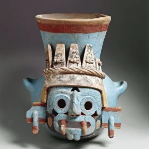 Aztec civilization, Mexico, , polychrome ceramic vase depicting Tlaloc, god of rain, Height 35 cm, from Templo Mayor (Main Temple) of Tenochtitlan