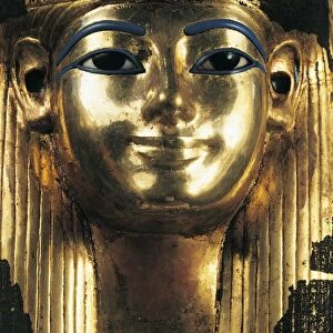 Burial mask of Tuya made of plastered cloth, gold leaf, vitreous pastes and alabaster from Thebes, tomb of Yuya and Tuya, detail. New Kingdom, Dynasty XVIII