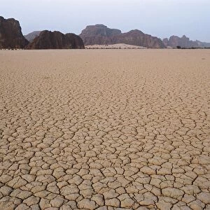 Chad, Ennedi Massif, cracked dried earth in desert