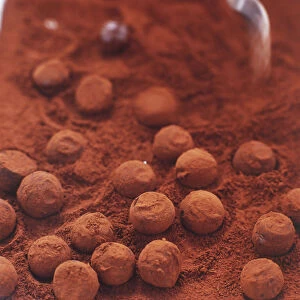 Coating truffles in cocoa powder, close up