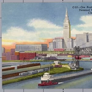 Cuyahoga River and City Skyline. ca. 1952, Cleveland, Ohio, USA, C-53--Ore Boat on Cuyahoga River with Terminal Tower in Background. Cleveland, Ohio. Clevelands lake traffic in iron ore is of major importance in feeding the blast furnaces of the many iron and steel mills