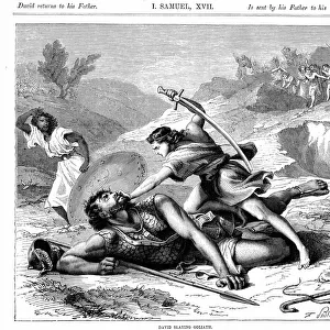David slaying the Philistine giant Goliath. Bible I Samuel 17. Goliath 6 cubits (approx