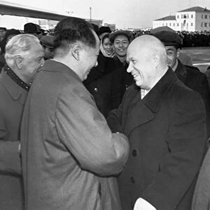 The delegation from the chinese peoples republic, headed by mao zedong, arriving at vnukovo airport in moscow and being greeted by nikita khrushchev, november 2, 1957, they have come to participate in the celebrations of the 40th anniversary of the great october socialist revolution