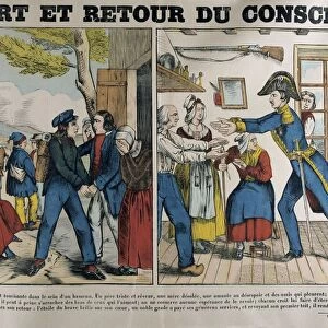 Departure and Return of a Conscript. 19th century popular French hand-coloured woodcut