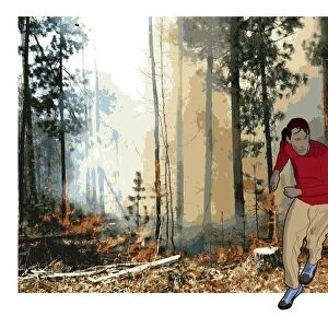Digital composite of man running away from forest fire