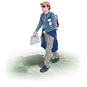 Digital illustration of man with essential waterproof clothing and equipment for safe hiking
