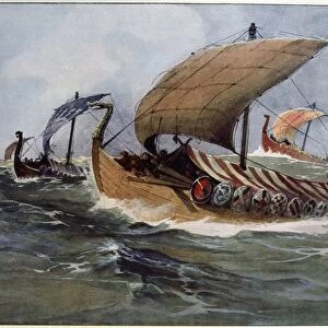 Drakkar. Viking longships under sail. Watercolour by Albert Sebille (1874-1953)
