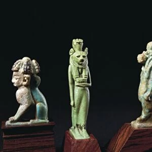 Egyptian Art, Amulets of the Goddess Thueris Sekhmet and of the Sphynx with the Nubian Crown, Enamelled clay, Late Period