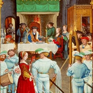 February: Torch dance at a feast. Lord and lady dine at table in front of fire in the Great Hall