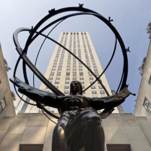 Fisheye View of the statue of Atlas in front of the Rockefeller Centre on Fifth Avenue, New York